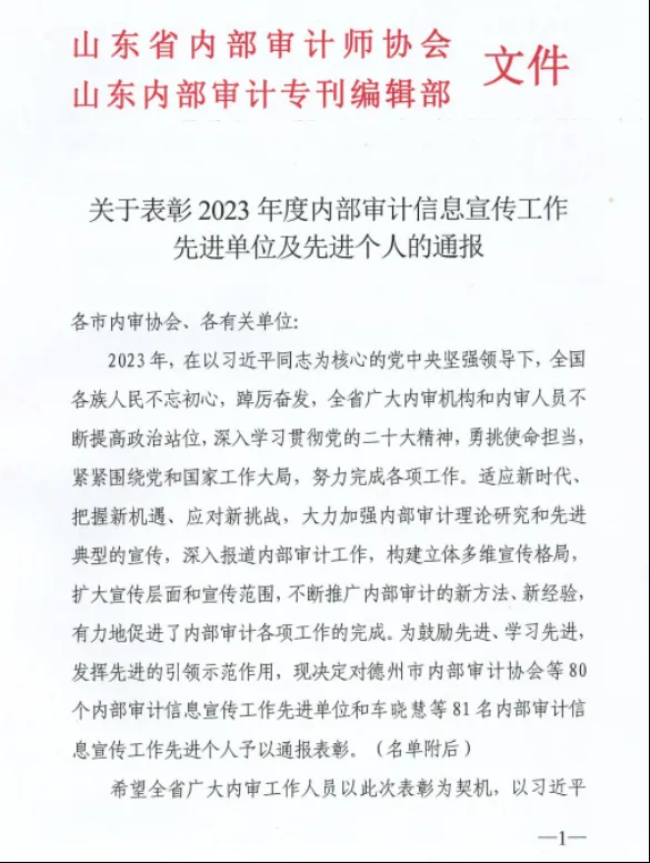 集团一名同志获评2023年度山东省内审信息宣传工作先进个人